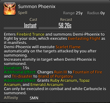 The in-game tooltip for Summon Phoenix